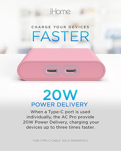 Miniatura 6 de iHome Cargador USB-C multipuerto de 40 W, bloque plano de 2 puertos AC Pro, adaptador de pared de carga rápida dual