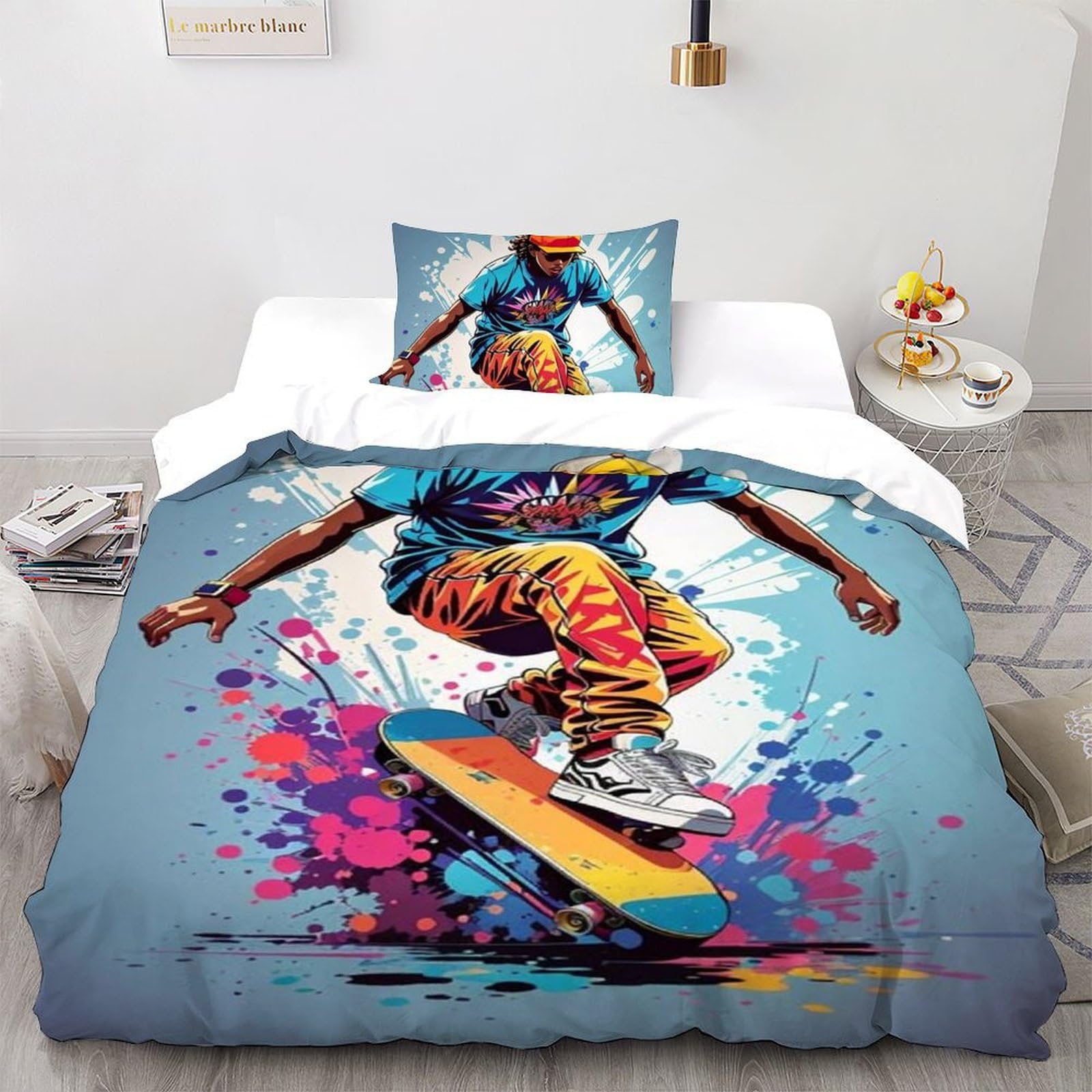 Housse de couette skateboard 135x200 avec taie d'oreiller lit simple enfant