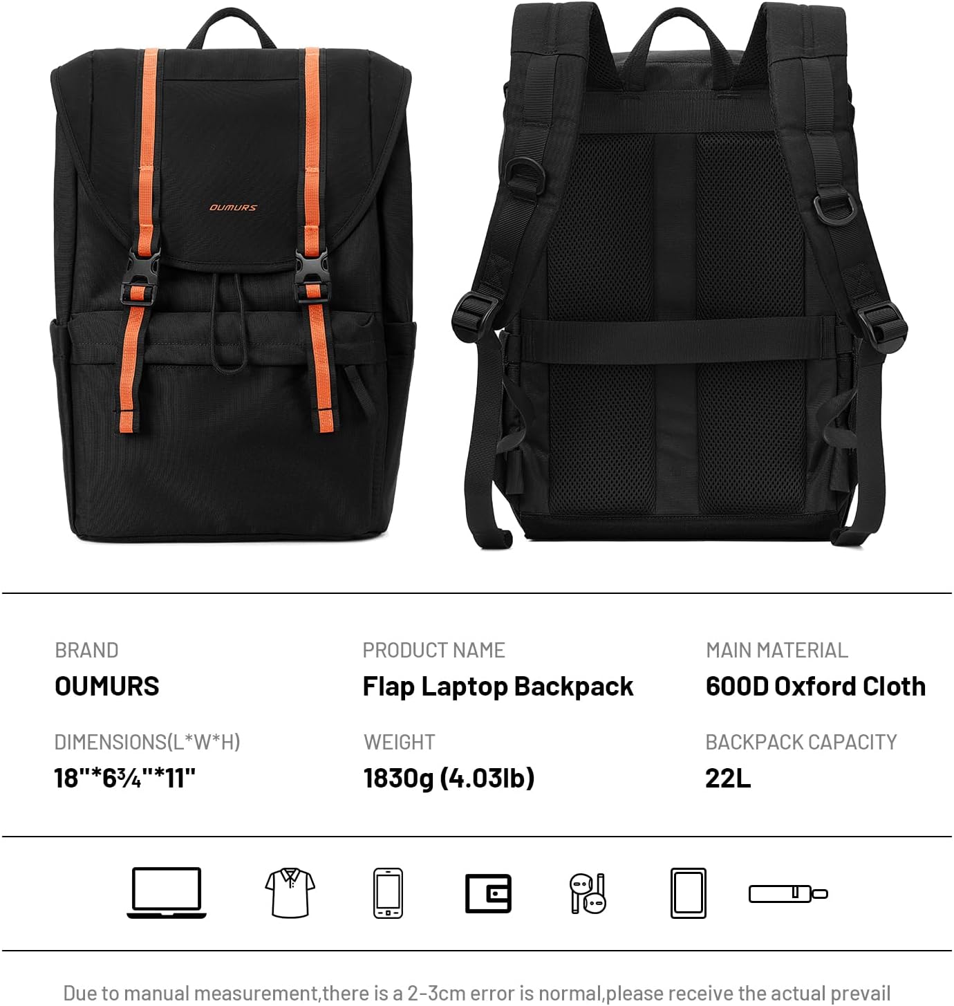 Flap Vintage Laptop Backpack, Lightweight & Water-Resistant Casual Daypack Backpack, Vintage Classic Rucksack for 13-15.6 Inch Laptop, for Campus, Street, Commute 22L Black