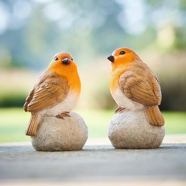 SA Products Robin Ornaments Set  2-Pack Robins on Stones Garden Ornaments  Animal Garden Ornament for Patio, Lawn, Garden Décor  Realistic Robin Garden Ornament Statues