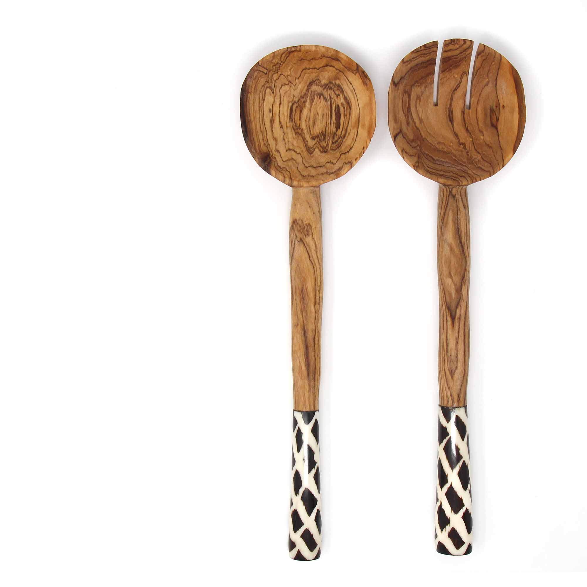 Global Crafts Hand Carved 11-Inch Olive Wood Salad Serving Set, Diamond Pattern