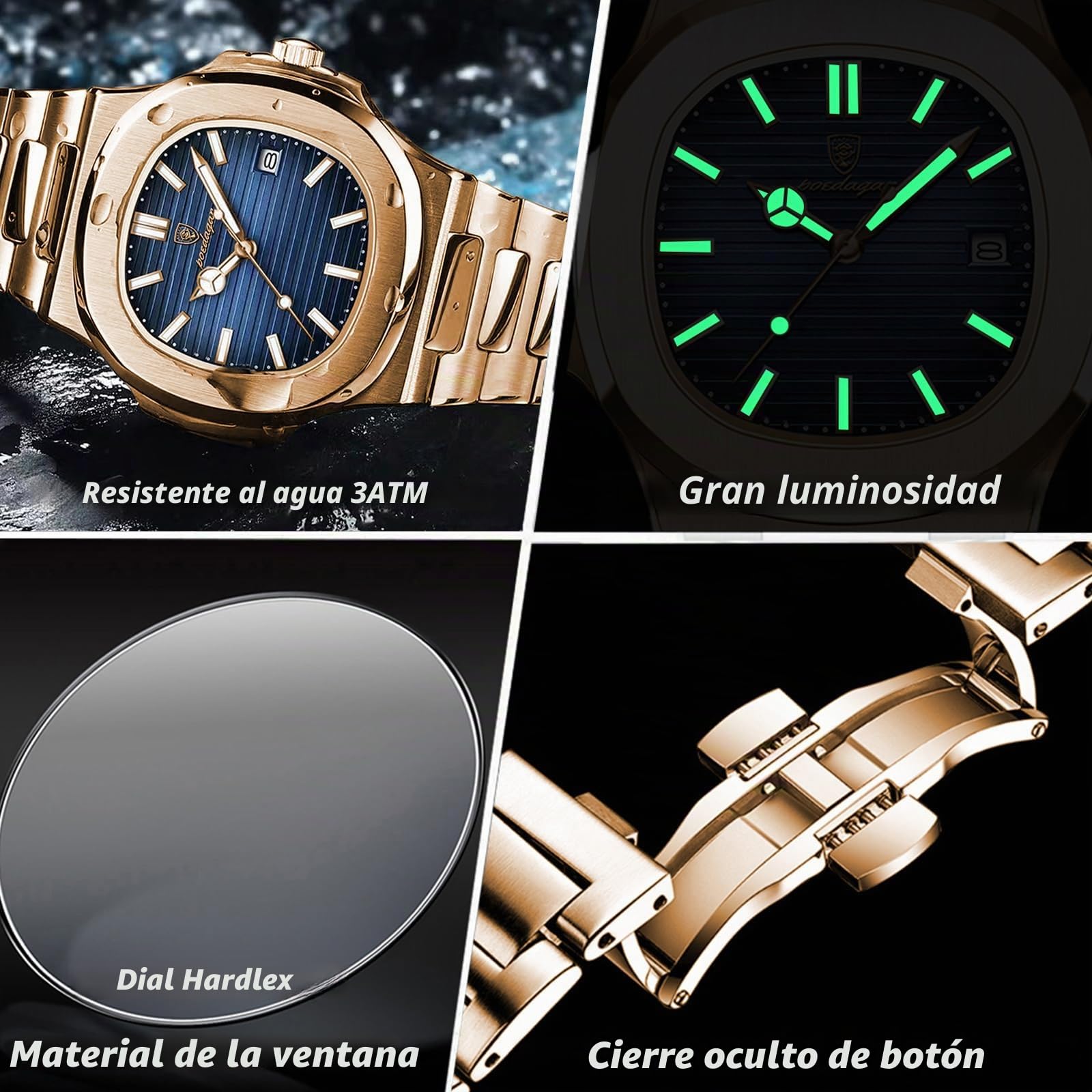Poedagar Reloj de pulsera para hombre de moda con correa de acero inoxidable y mecanismo de cuarzo, resistente al agua, luminoso, con fecha, cuadrado