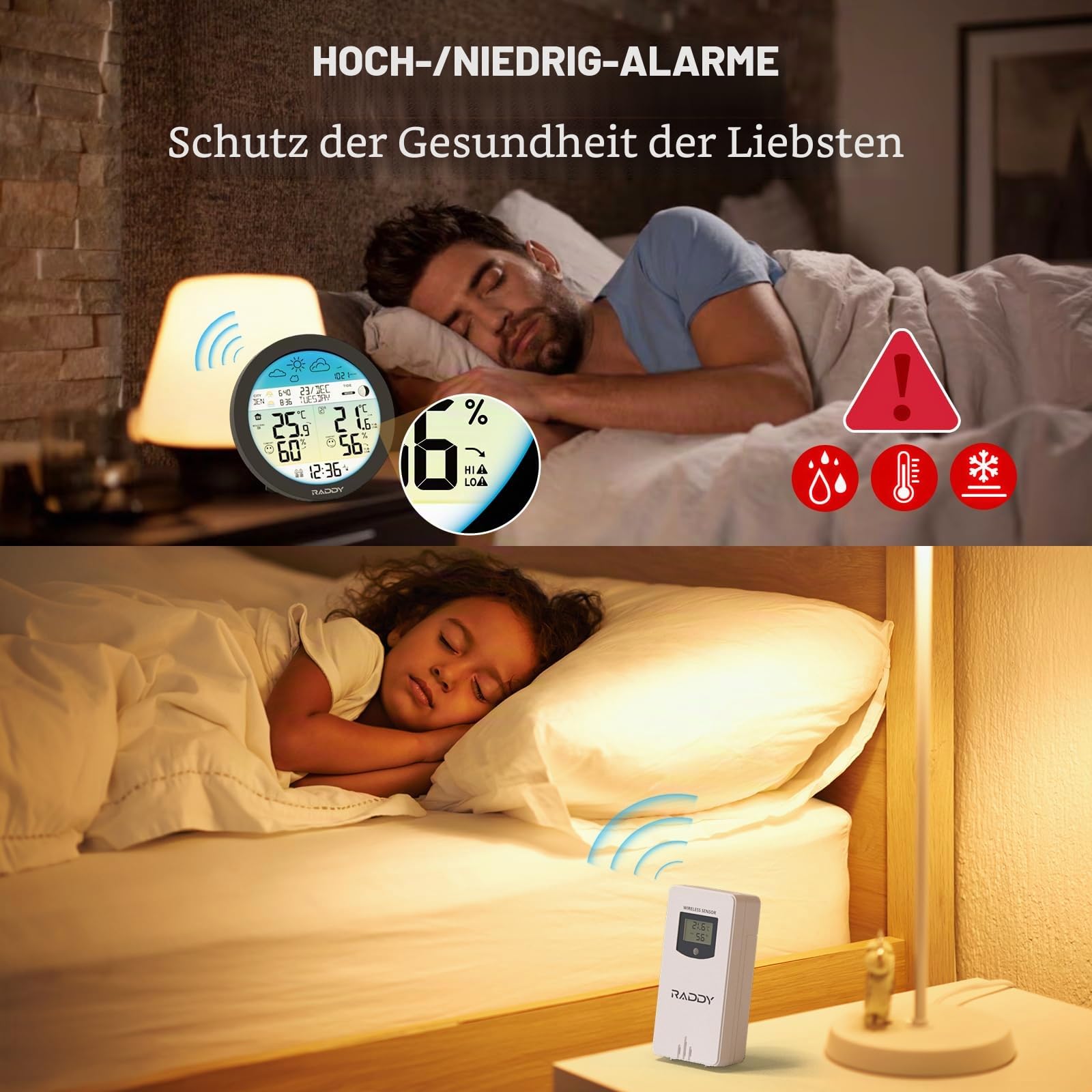 Raddy DT7 Wetterstation funk mit Außensensor, Innen-Außen-Thermometer-Hygrometer, Wetterstationen mit großem HTN-Farbdisplay, DCF Atomuhr, Duale Alarme, Wettervorhersage, Frostwarnung