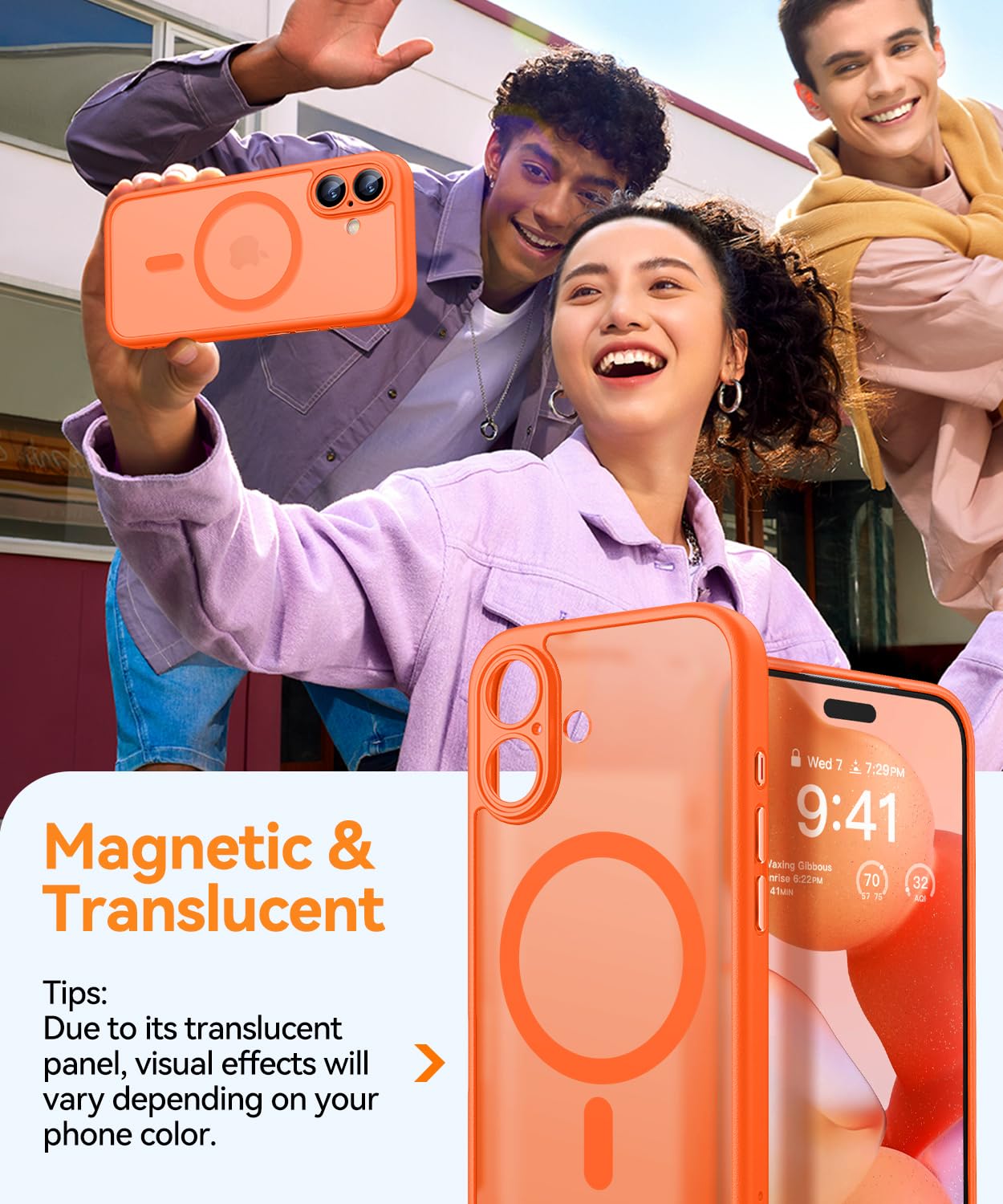 CANSHN Cover Magnetica per iPhone 17(6,3 Pollici), Compatibile con MagSafe, [Protezione Completa Della Fotocamera], Custodia Traslucida Opaca Protettiva Sottile Antiurto,Arancione