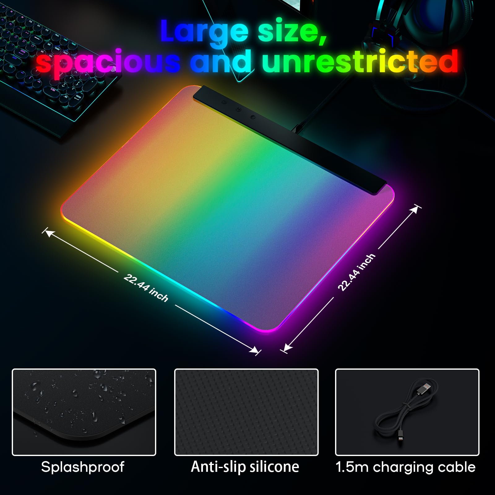 Deeyaple Tappetino per mouse da gioco M6 con illuminazione RGB – Superficie rigida precisa, base in gomma antiscivolo, impermeabile, 16,8 milioni di colori – Facile controllo con 3 pulsanti per PC e