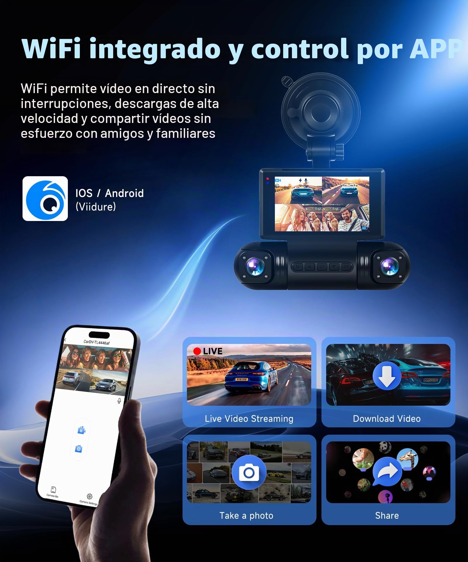 VECHTEL Cámara de salpicadero 2K para Coche,Delantera y Trasera,con WiFi,4 cámaras de salpicadero 1080P,Pantalla IPS de 3 Pulgadas visión Nocturna,Sensor G,360 ​​Grados,con 128 GB Card