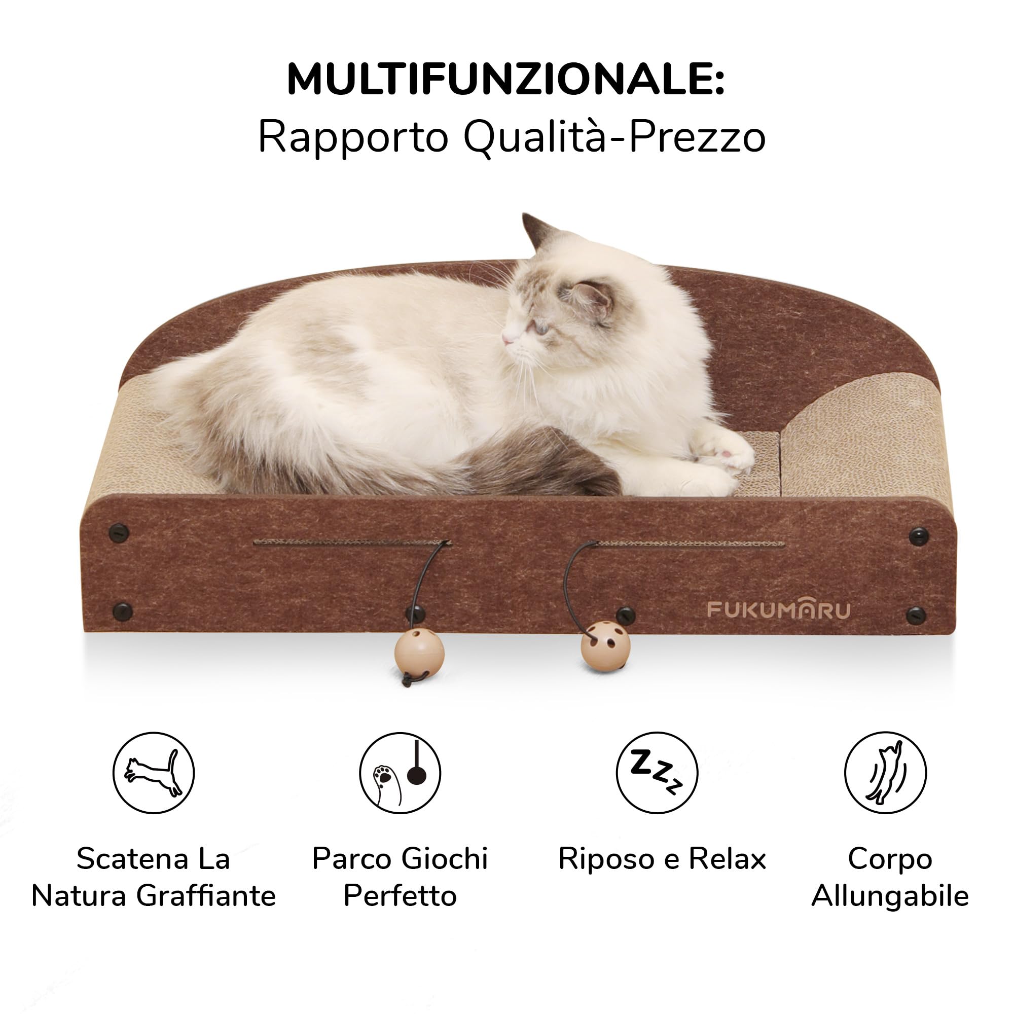FUKUMARU Tiragraffi per Gatti in Feltro e Cartone Resistente 66cm, Tiragraffi con 2 Cartoni Sostitutivi,Cuscini Laterali Arrotondati e Funzione Lettino Integrato per Graffi e Riposo (Sicuro e Morbido)