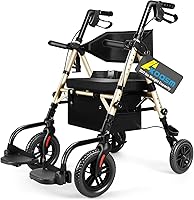 Akoasm 2-in-1 Foldable Rollator Walker & Transport Chair for Seniors - Lightweight 25lbs, 300lb Capacity, Adjustable, Champagne
