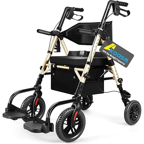 Foldable Rollator Walker for Seniors with Seat, Lightweight 2 In 1 Rolling Walkers Wheelchair Combo for Adult, Transport Chair with Brakes, Adjustable Seat & Handle, 300 Lb. Weight Capacity, Champagne