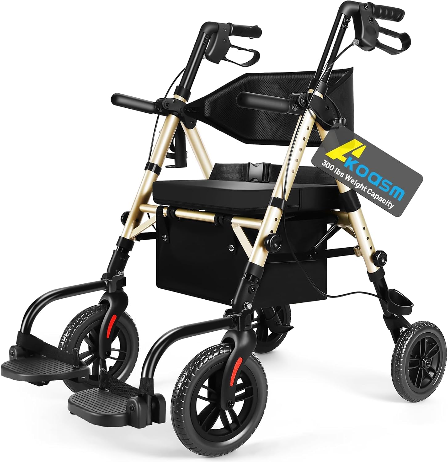 foldable rollator walker for seniors with seat, lightweight 2 in 1 rolling walkers wheelchair combo for adult, transport chair with brakes, adjustable seat & handle, 300 lb. weight capacity, champagne