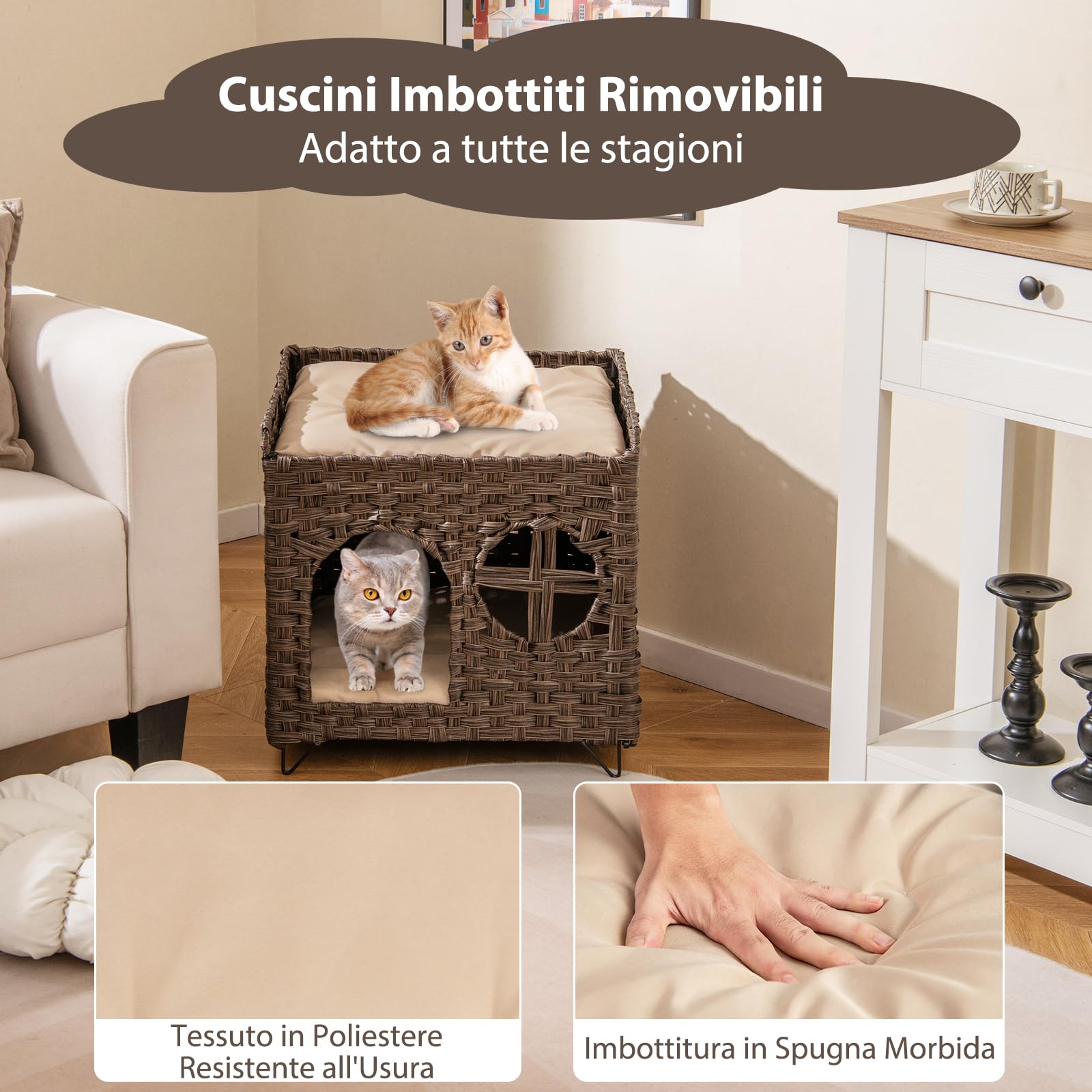 COSTWAY Casetta per Gatti in Rattan 50,5 x 45 x 50 cm, Cuccia a 2 Piani per Gatti con 2 Cuscini, Letto per Animali Domestici per Camera da Letto e Soggiorno