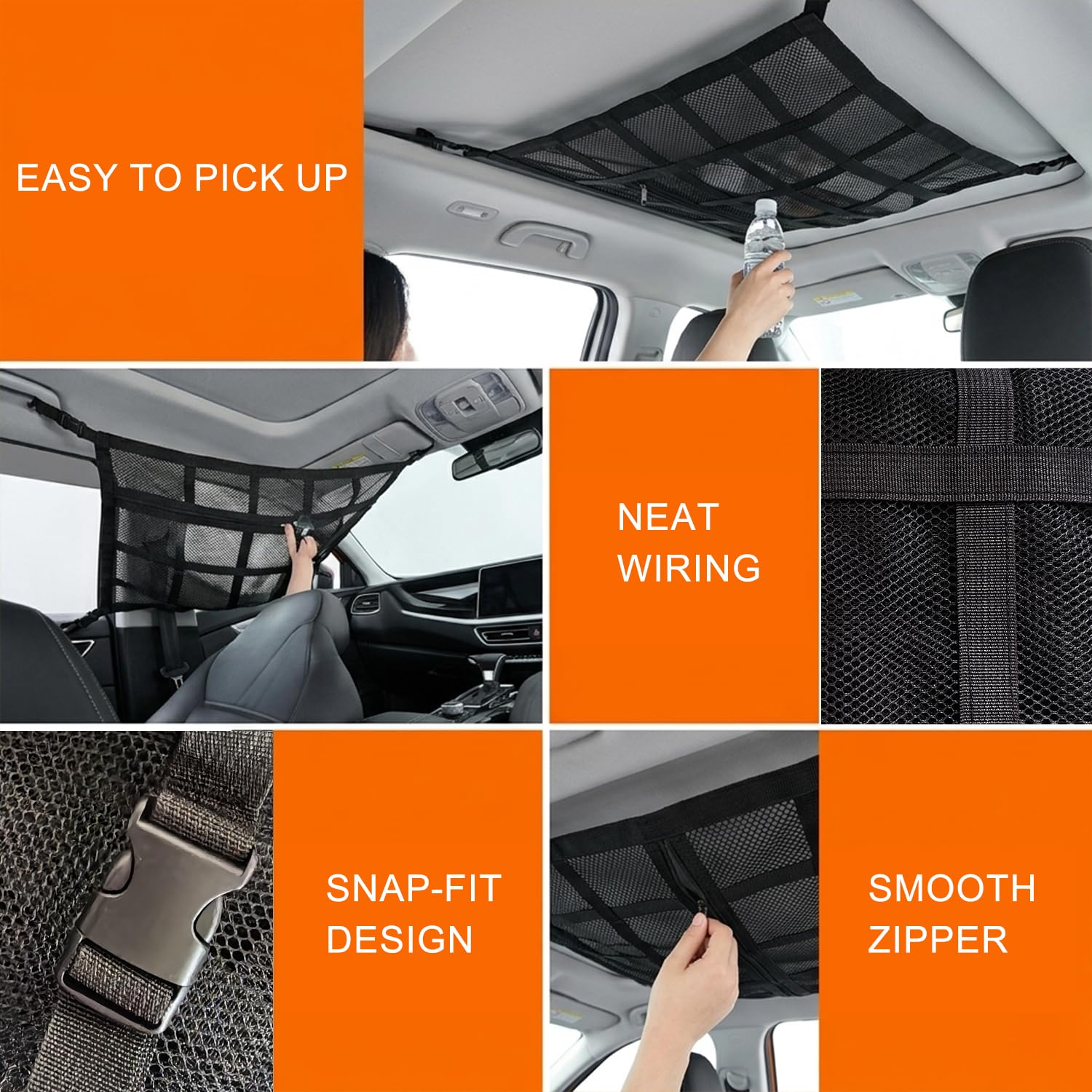 Red de equipaje de coche para almacenamiento, red universal para techo de coche, bolsa de malla con cremallera, 90 x 65 cm, para cuatro respaldos de techo, SUV, Jeeps, furgonetas y la mayoría de tipos