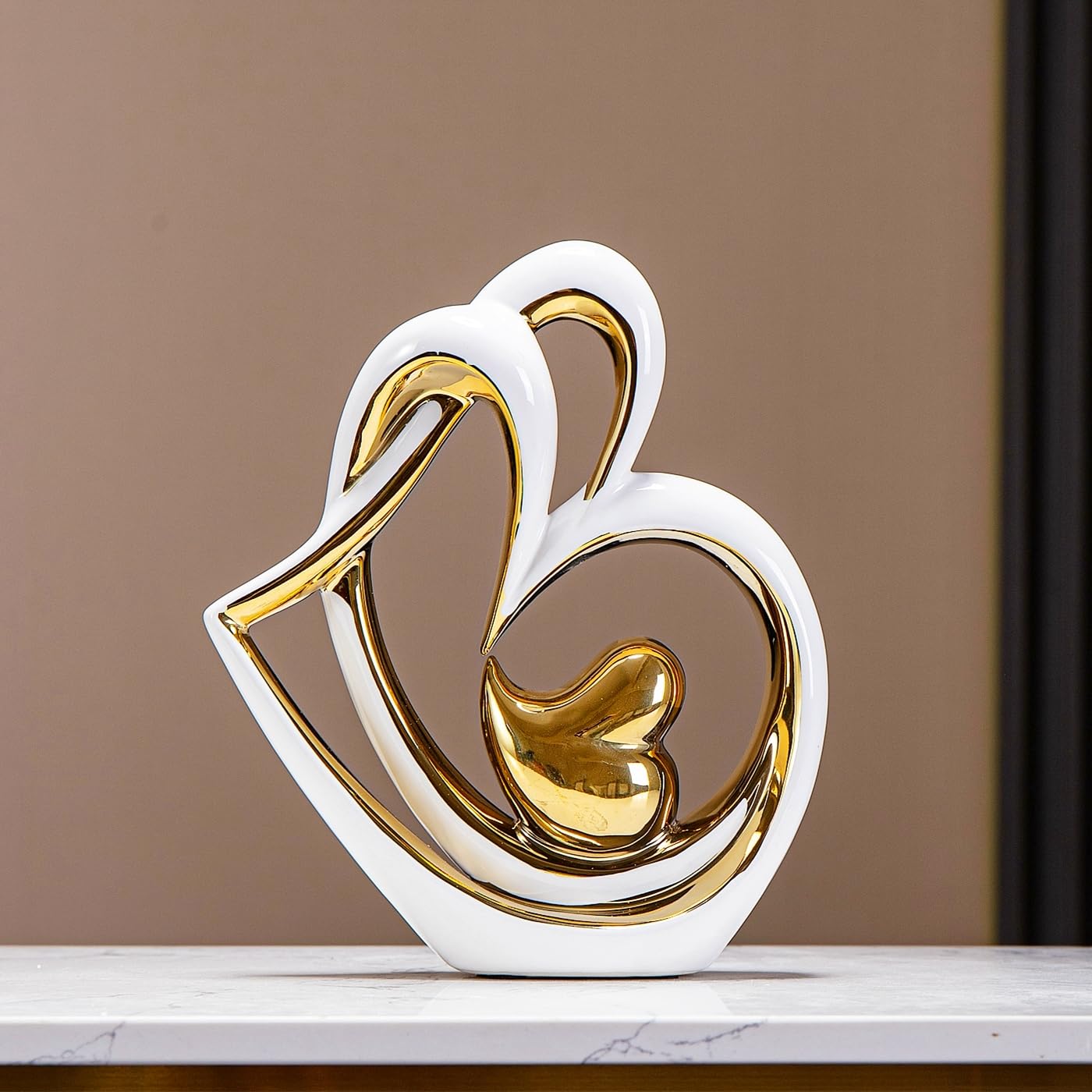 ODMYZG Double Heart Ornament,Double Heart Ceramic Statue,Creative Home Modern Home Decoration Gift Office Living Room Decoration Collection Souvenir,Gift (White Gold E)