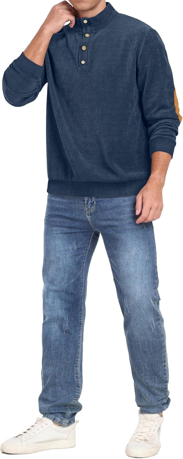Men's Casual Corduroy Sweatshirt Long Sleeve Stand Collar 1/4 Button Pullover Fall Polo Sweater with Elbow Patches Dark Blue, XL - Image 5