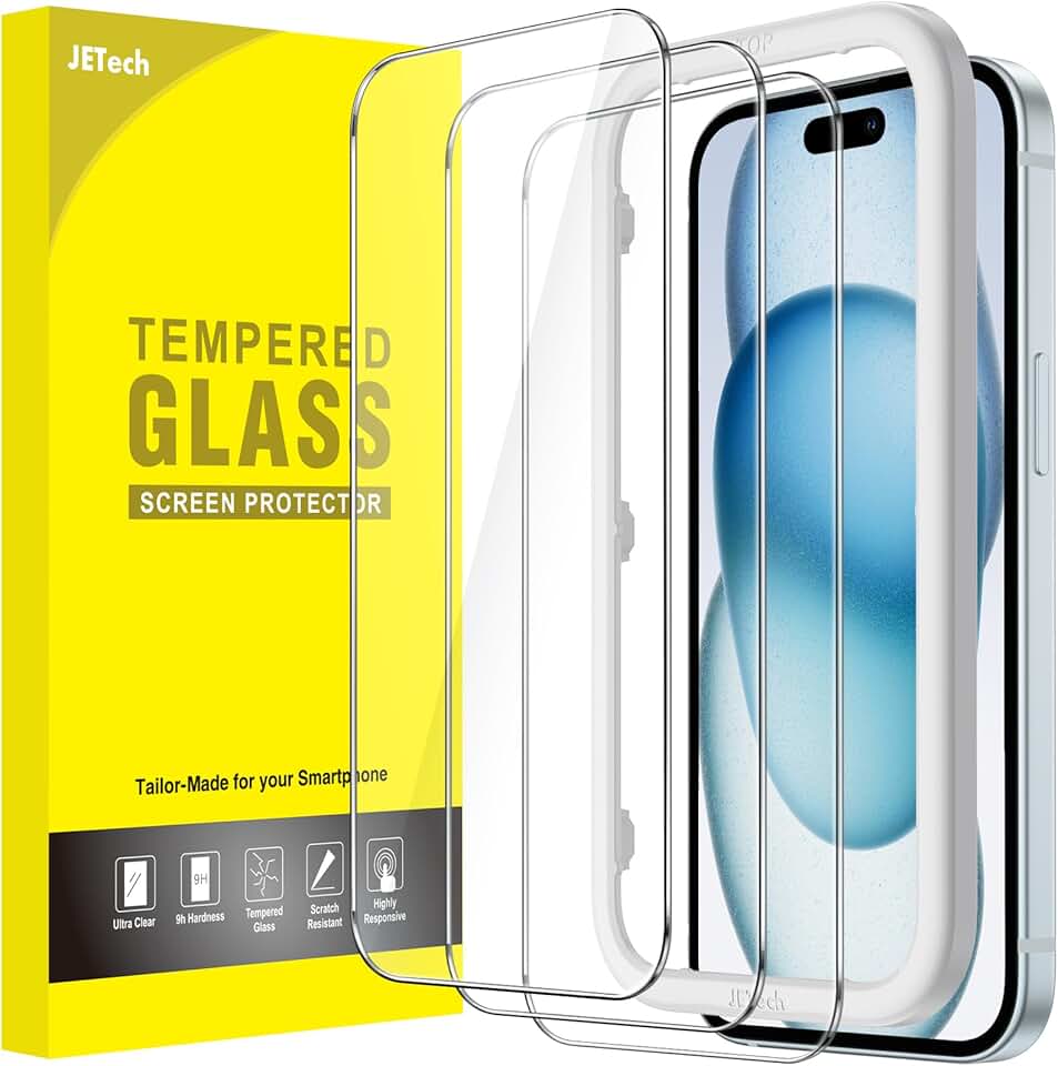 JETech Película de Vidro Temperado para iPhone 15 Plus 6,7 Polegadas, Protetor de Tela com Ferramenta, Compatível com Capa, HD Claro, Pacote de 3 Unidades
