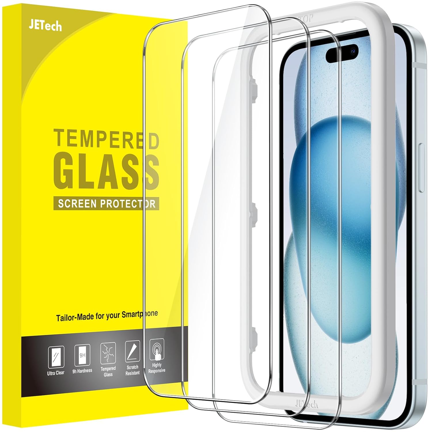 JETech Tempered Glass Screen Protector Guard for iPhone 15 Plus with Easy Installation Tool, Case-Friendly, HD Clear, 3-Pack