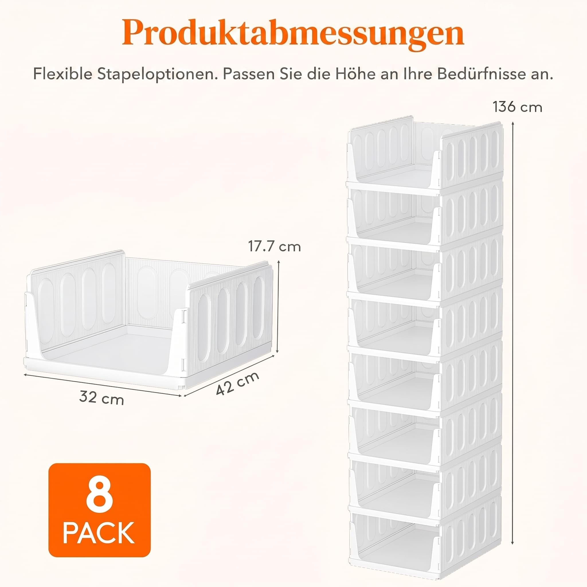 Lifewit 8er Set Stapelbare Kleiderschrank Organizer 42 cm Tief | Ausziehbar Kunststoff Ordnungssystem für Schrank & Einlegeböden, Würfelregale für T-Shirt, Küche, Wohnmobil