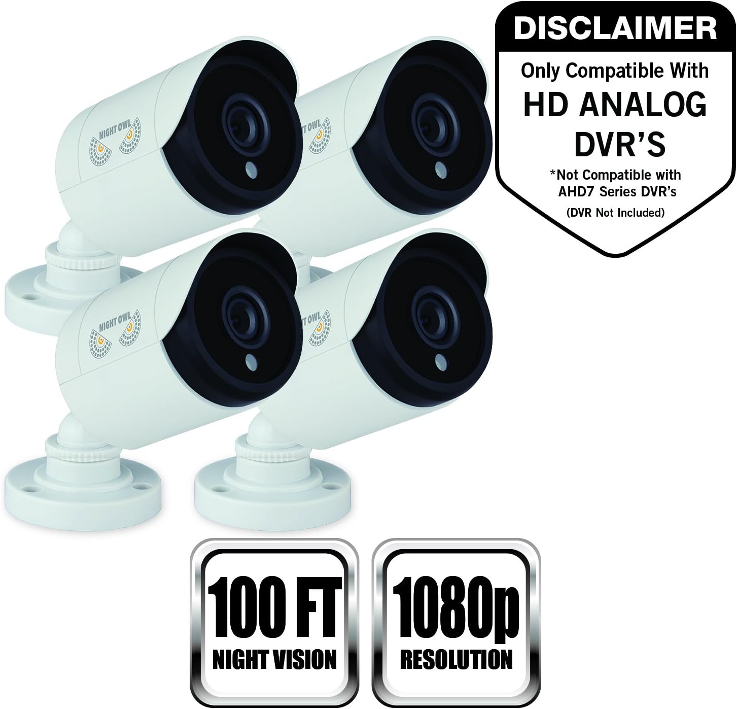 Night Owl Security CAM-4PK-HDA10W-BU HD Wired Security Bullet Cameras, 1080p (White) - Pack of 4