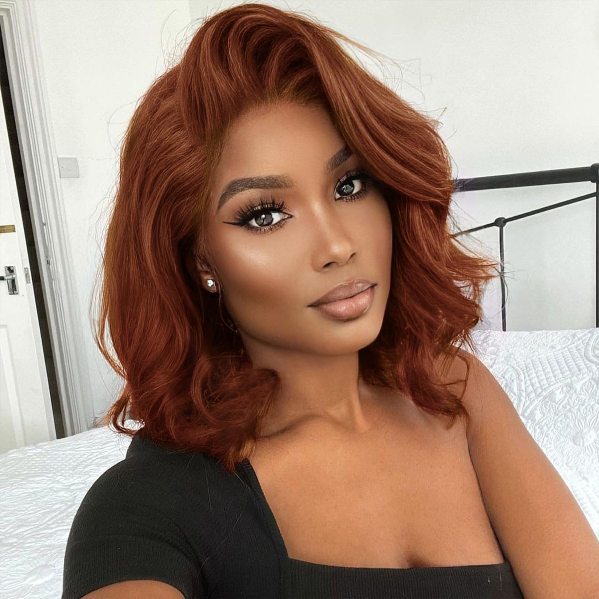 Tinashe Glueless Wigs Human Hair Pre Plucked Pre Cut Reddish Brown Loose Body Wave Short Wig 6×5 Lace Pre-Bleached Knots HD Lace Front Wigs Human Hair