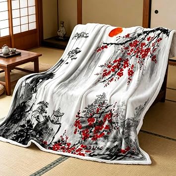 Japanese Blanket, Japanese Cherry Blossom Anime Blanket, Asian Ink Painting Asian Blankets, Red Plum Blossom & Mountain Landscape Soft Cozy Blankets for Couch, Bed, Office, Home Decor, 50X60 inch