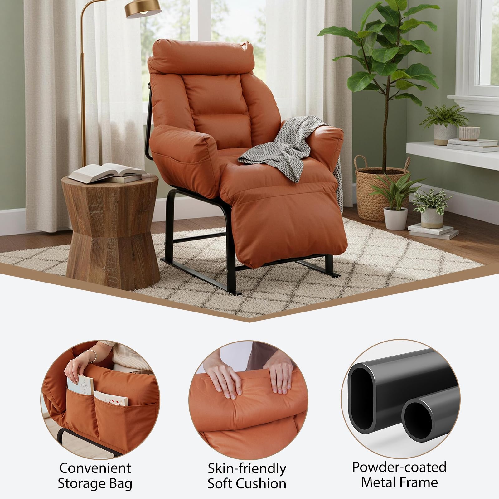 Fauteuil Relax, Dossier Inclinable 90°-180°, Cadre en Métal, Jusqu’à 150kg, pour Chambre d' Enfant Chambre à Coucher Salon Balcon,Orange