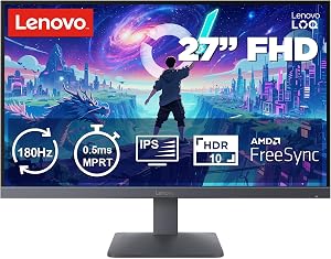 Lenovo LOQ 27-10 Monitor Gaming FHD 27″ IPS, Tasa de Refresco 200 Hz, 0.5 ms MPRT, 16:9, HDMI 2.1 + DP 1.4, VESA Adaptive Sync, AMD FreeSync Premium, Soporte Inclinable, Gris Luna