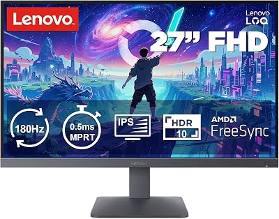 Lenovo LOQ 27-10 Monitor Gaming FHD 27″ IPS, Tasa de Refresco 200 Hz, 0.5 ms MPRT, 16:9, HDMI 2.1 + DP 1.4, VESA Adaptive Sync, AMD FreeSync Premium, Soporte Inclinable, Gris Luna