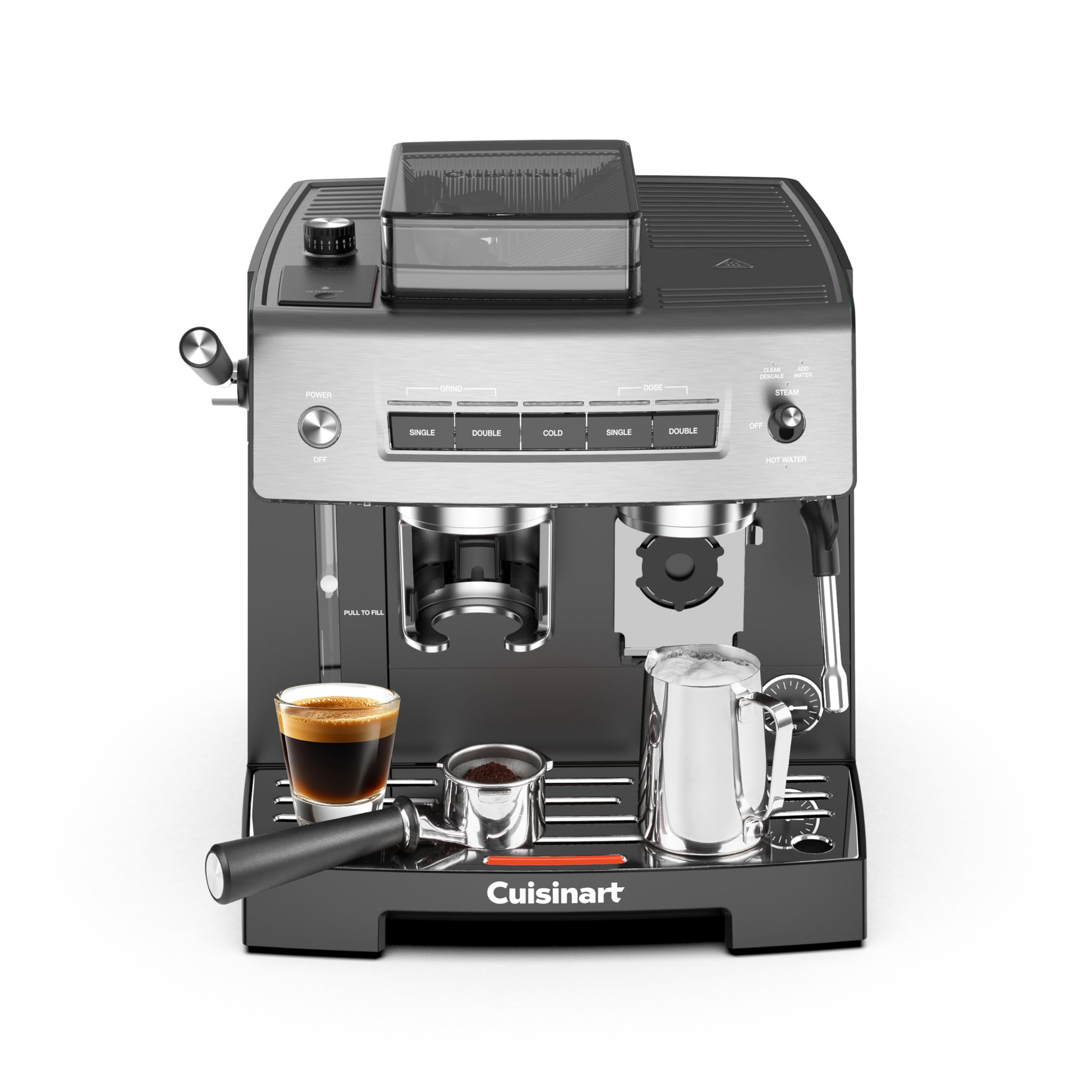 Cuisinart Espresso Bar™ Grind & Brew Machine, Espresso Maker with Milk Frother for Latte and Cappuccino, 16 Grind Settings, Cold Extraction Feature, 20 Bar, Cup Warmer, Silver & Black (EM-640C)