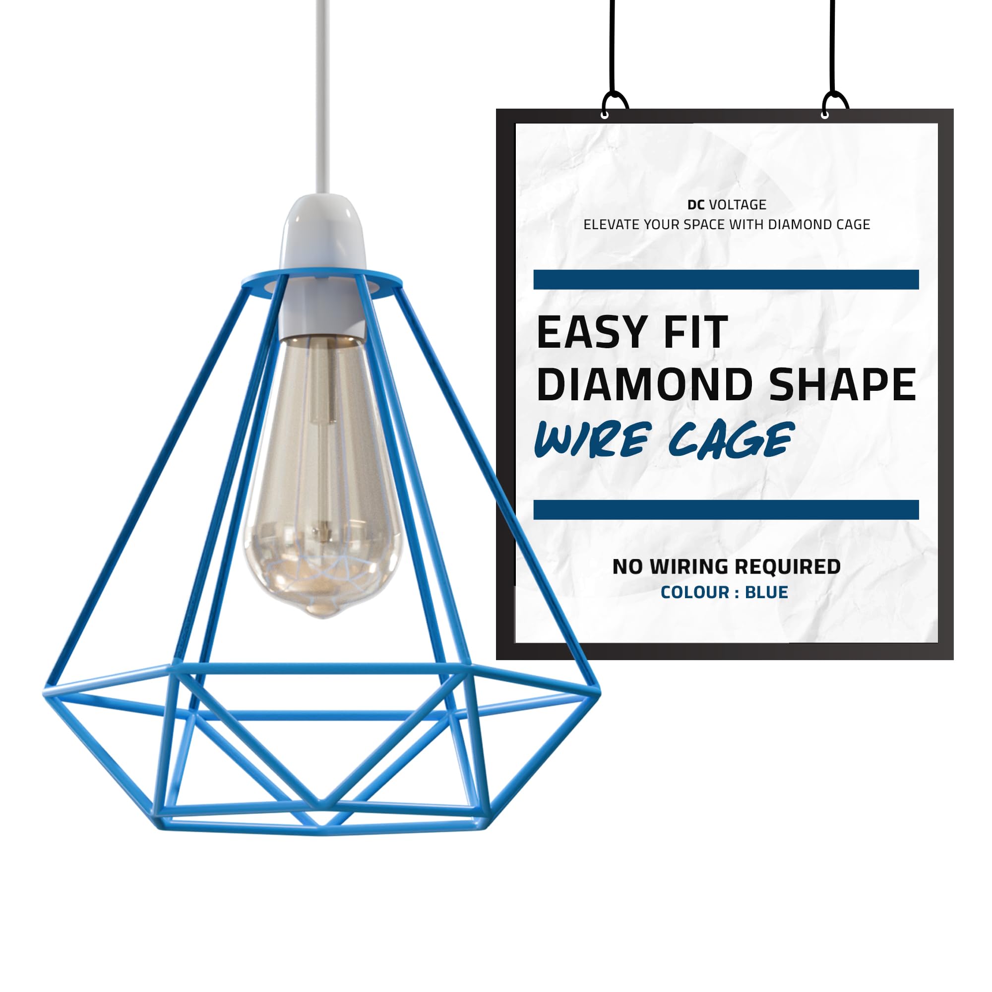 DC VOLTAGE Modern Easy Fit Metal Black Geometric Ceiling Pendant Light Shades, Bulb Guards Wire Cage Lampshades for Kitchen, Living Room, Bedroom (Blue)