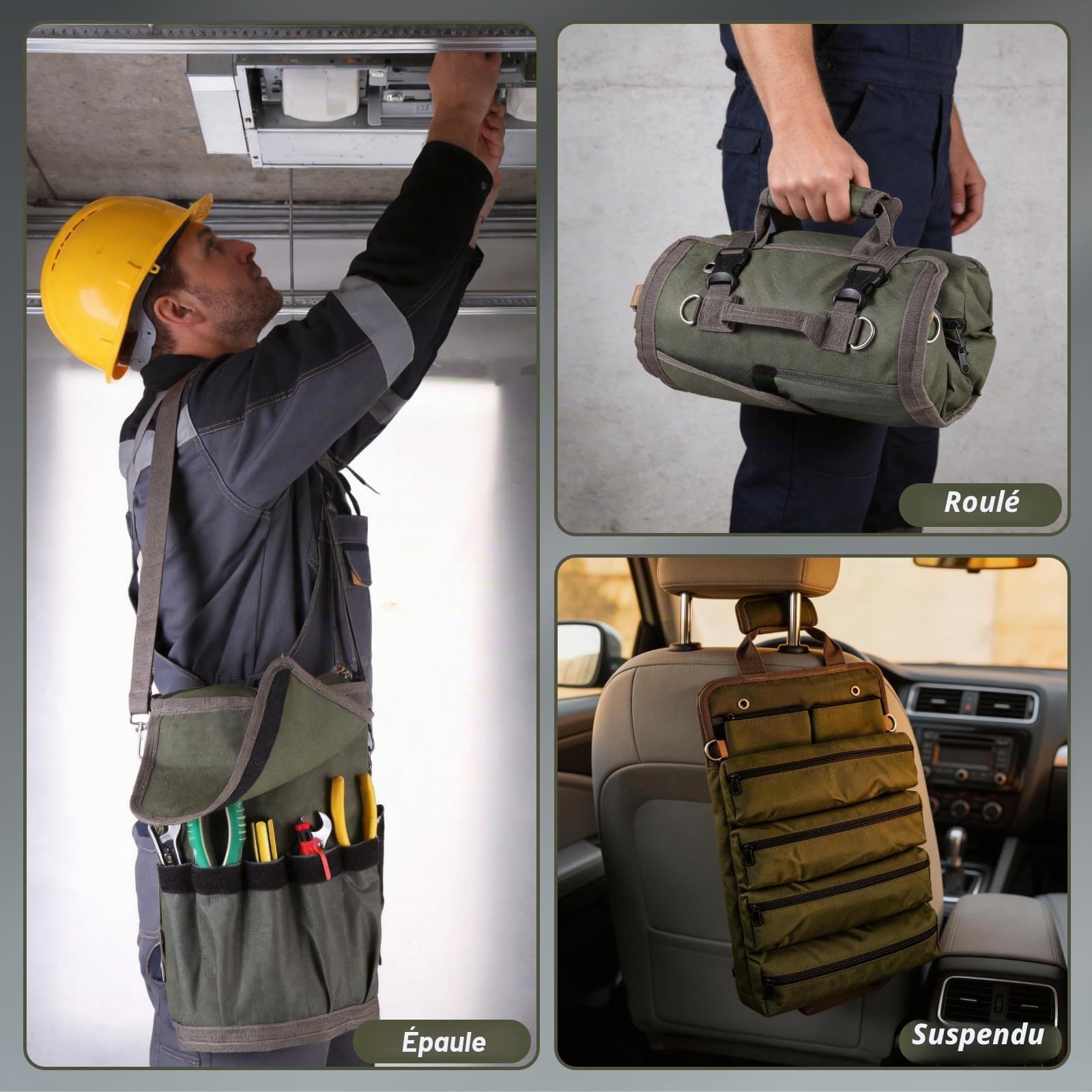 Sac à Outils Enroulable avec 2 Pochettes Détachables, Tissu Oxford Imperméable, Portable Pour Mécaniciens Électriciens
