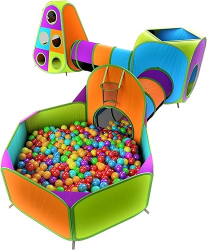 Playz Tienda de campaña desplegable de 5 piezas para niños, túnel de gateo y pozo de pelotas con aro de baloncesto para niños, niñas, bebés y niños