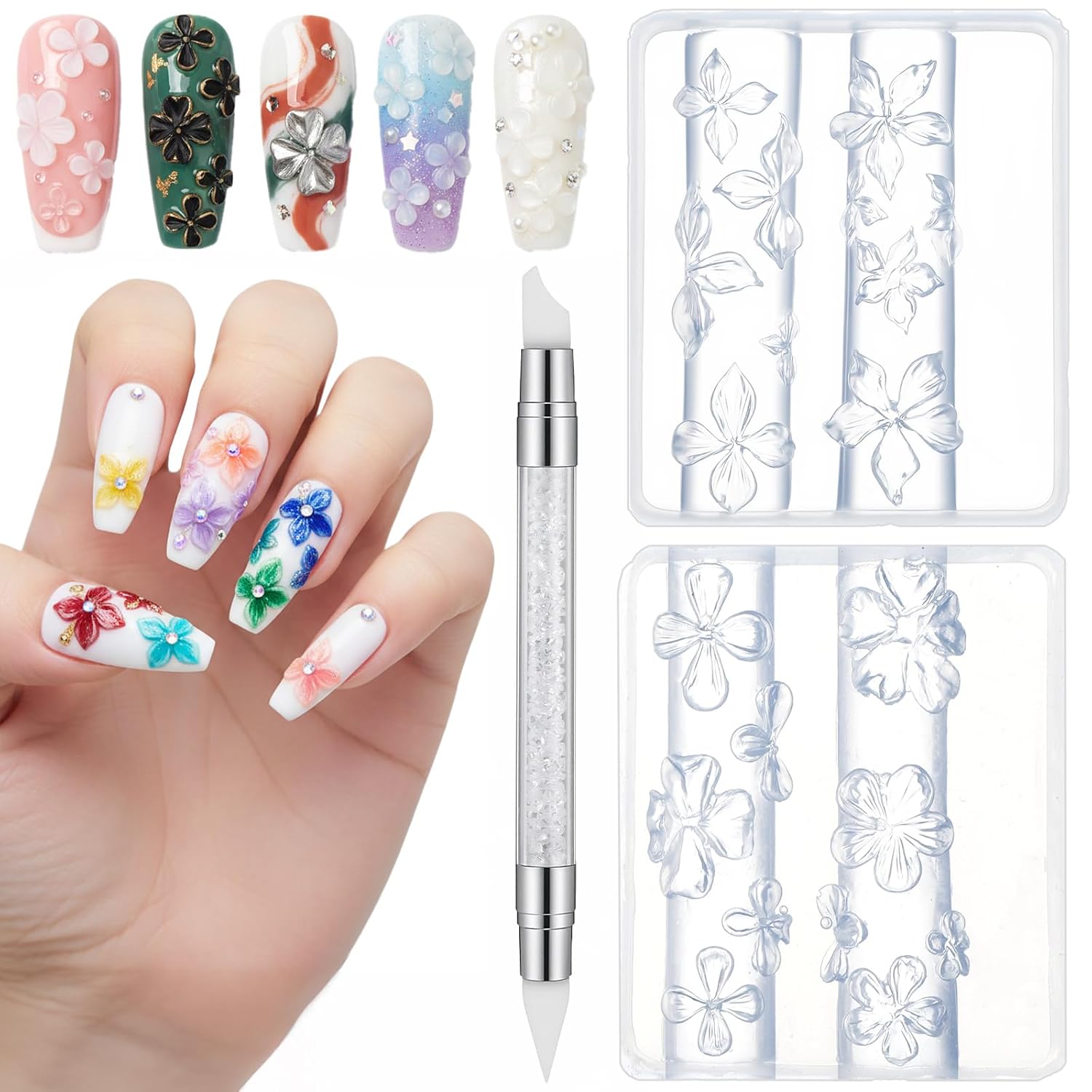 Flowers Nail Mold Kit 2PCS Transparent Silicone Nails Molds with Carving Pen for 3D Flower Nail Charms Manicure Decorations Accessories DIY Nails Supplies for Home & Salon