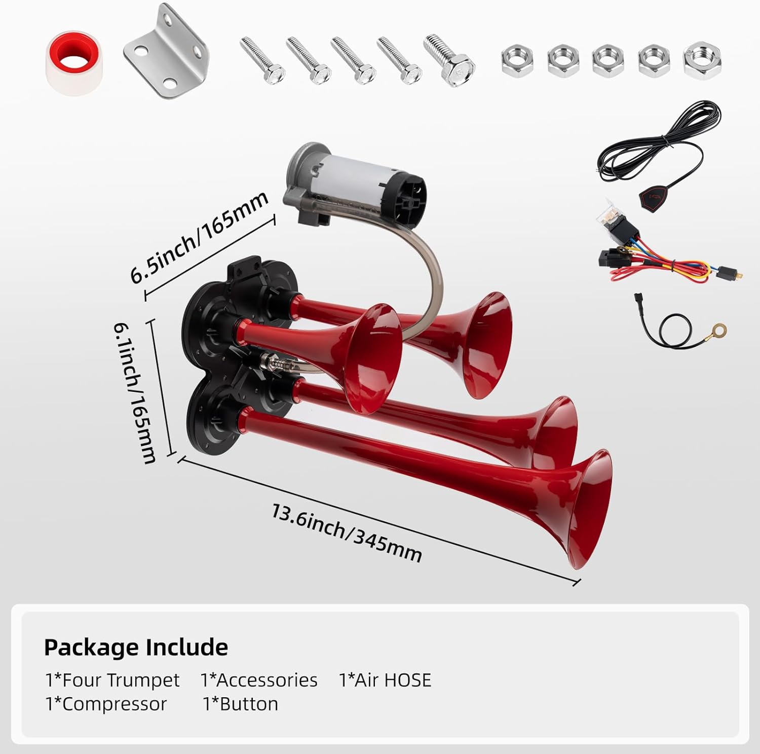150db 12V Train Horn Kit，Red 4 Speakers， Air Horn With Compressor Compatible For Trucks Cars Semi Trailers Pickup Motorhome SUV Truck Train And Other Vehicles， Ultra Loud BD