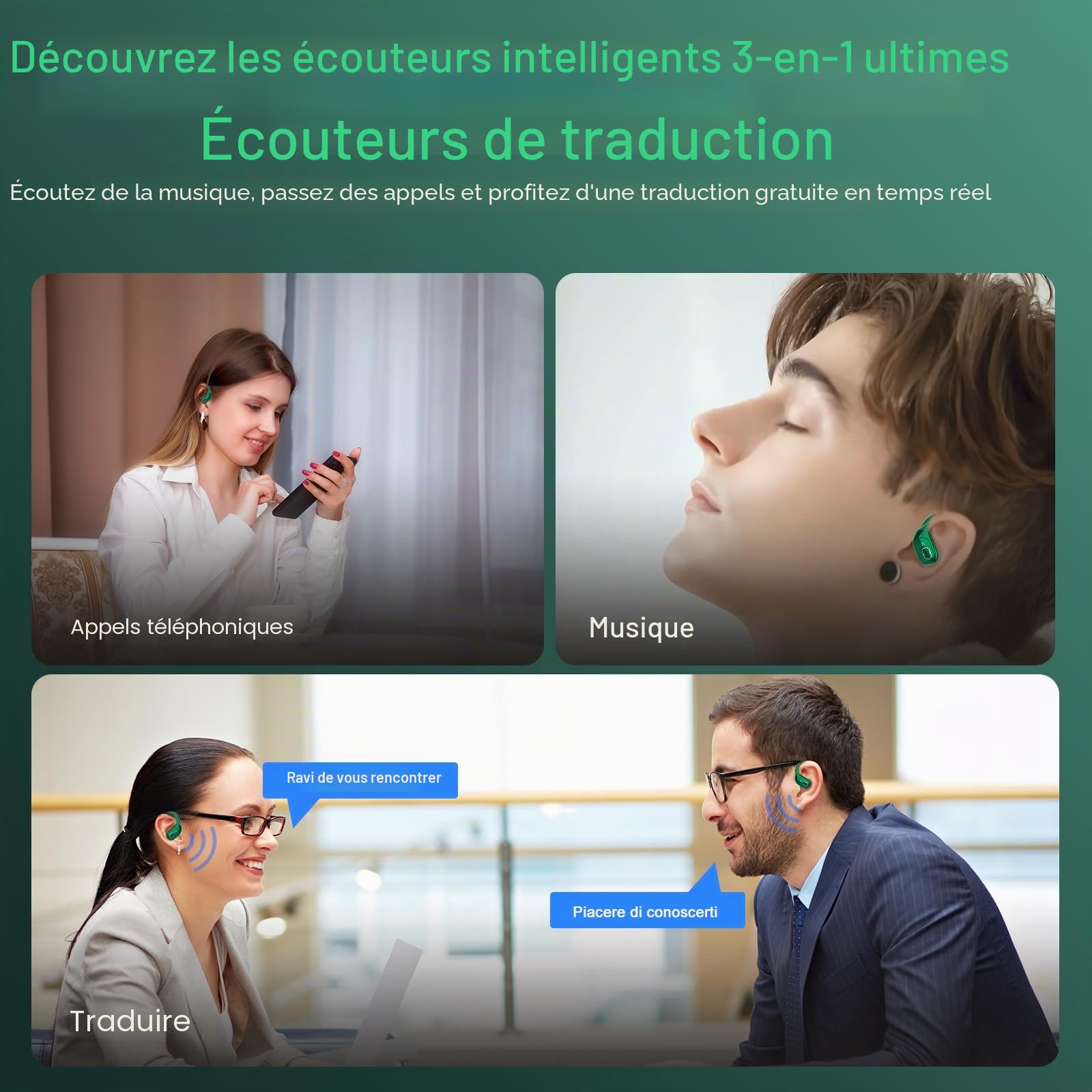 STECEi AI Traducteur Vocal Instantané, 75Hrs Écouteur Traducteur Instantané avec 164 Langues/6 Modes de Traduction, 3 en 1 Écouteur AI Traduction Vocale Instantanée pour Affaires/Études, Vert