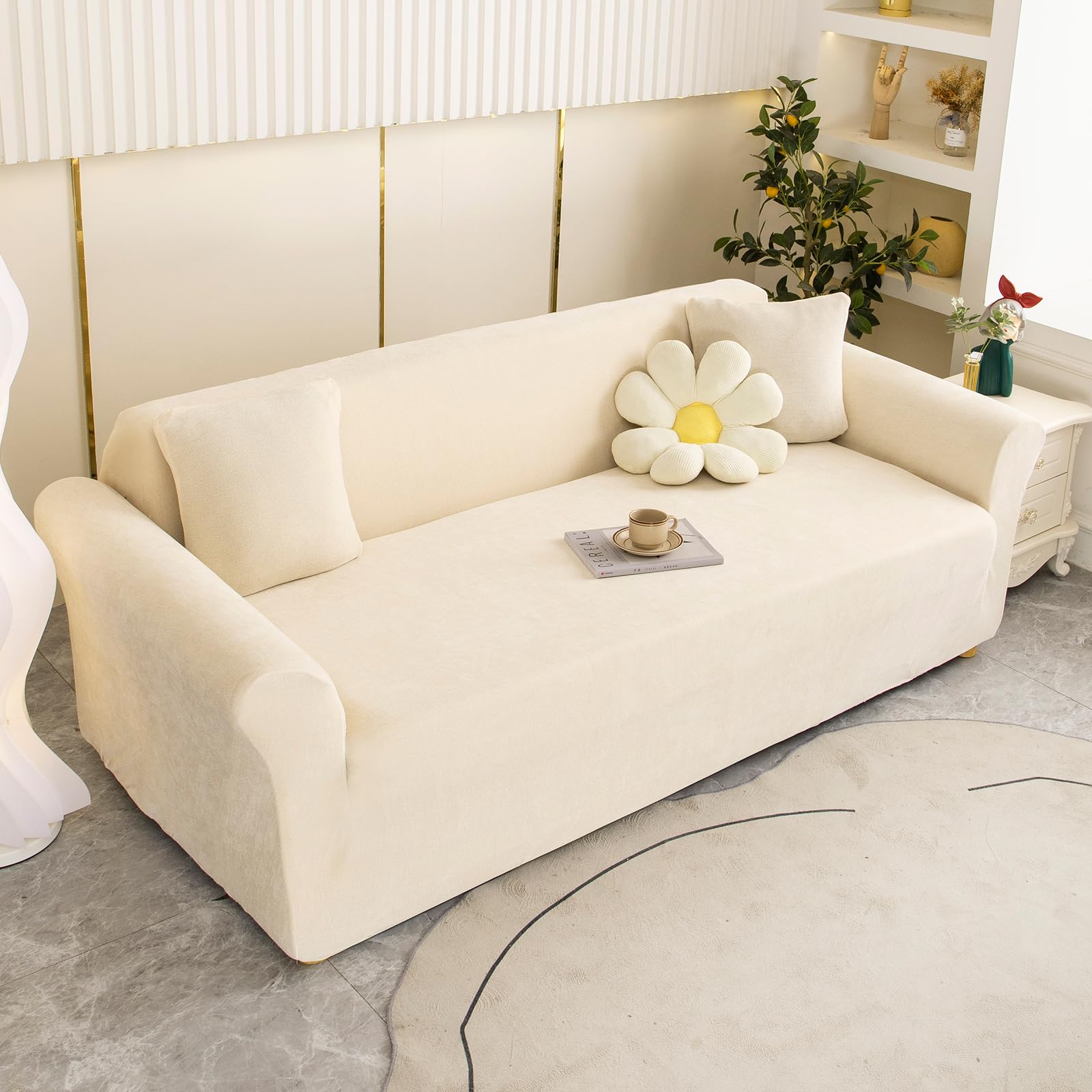 High Stretch Sofabezug Moderne einfach luxuriös Couch überzug Polyester Jacquard Elastische Sofahusse für Wohnzimmer Protector für Hunde Haustiere (2 Sitzer, Leinenweiß)