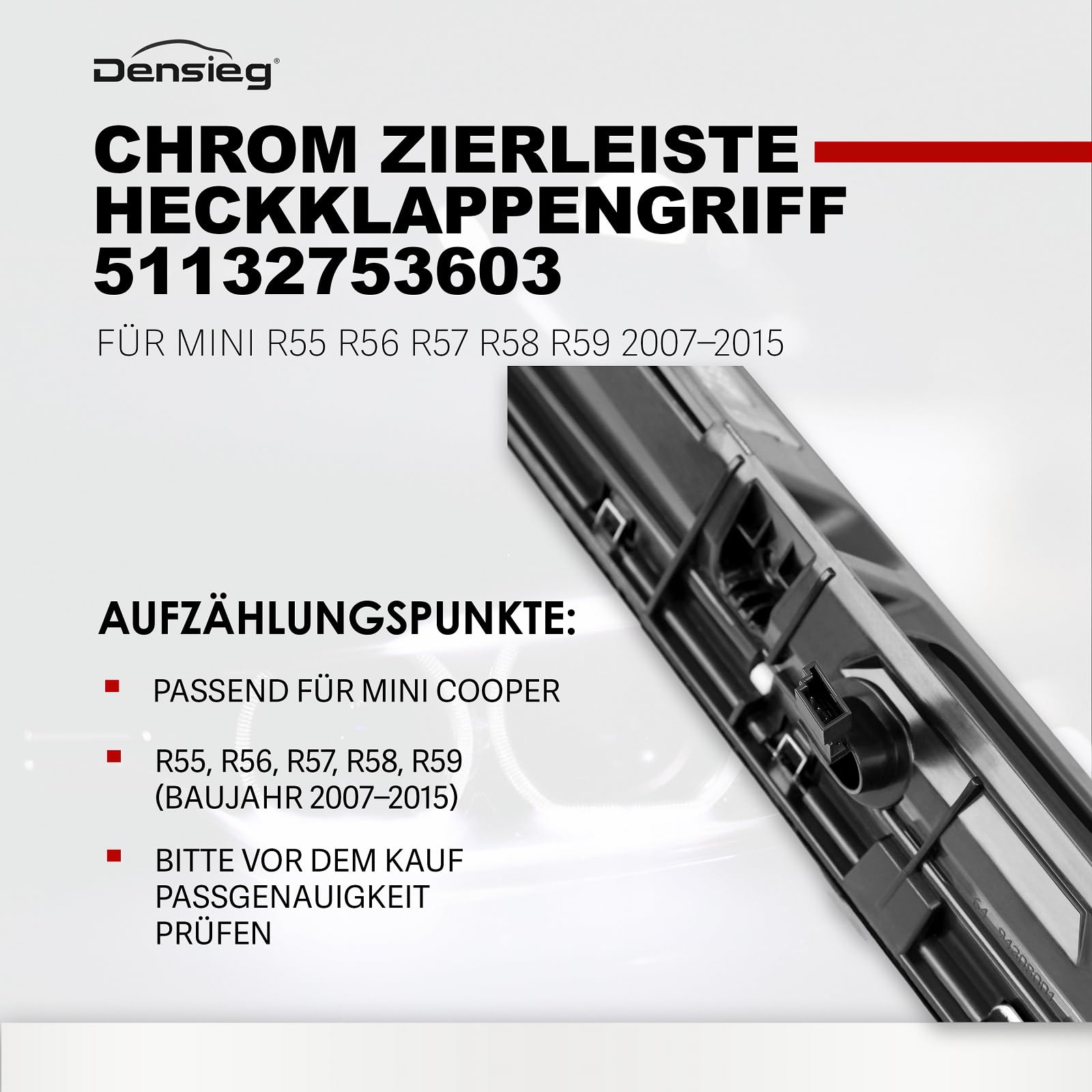 Heckklappengriff Griffleiste Taster für Mini R55 R56 R57 R58 R59 R60 R61 – Zierleiste Chrom mit Kennzeichenbeleuchtung – Ersatz für 51132753602 (Chrom)