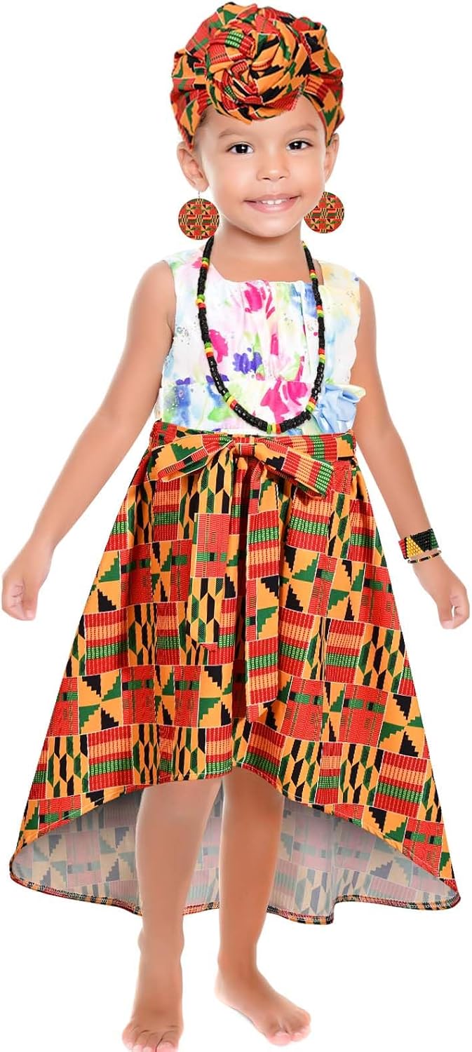 6 Pcs African Clothes Dashiki Skirt Casual Stretch Head Wrap Dangle Earring Necklace Bracelet Rasta Beaded Bracelet