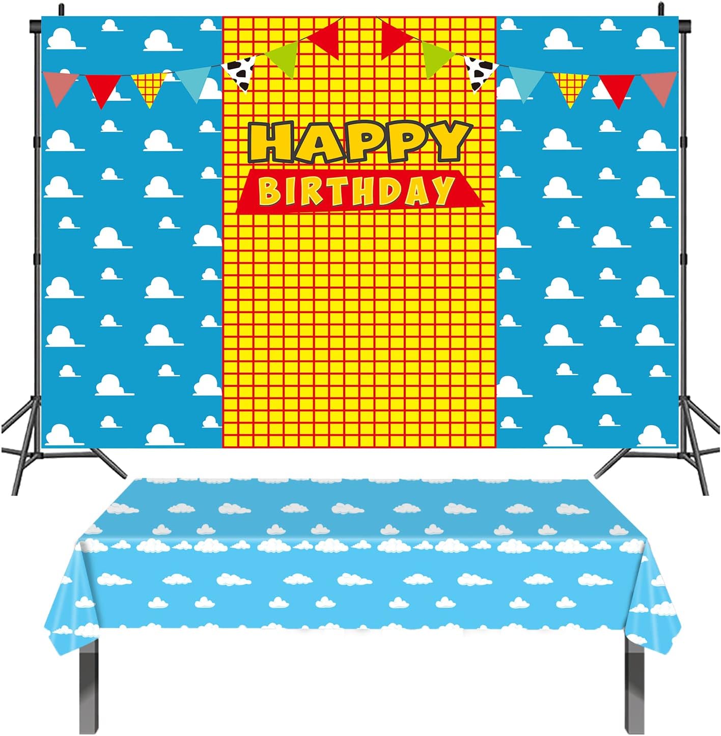 Cartoon Story Themed Blue Sky White Clouds Photography Backdrop Tablecloth Set Boy Kid Girl Baby Shower Birthday Party Decorations Supplies 2PCS