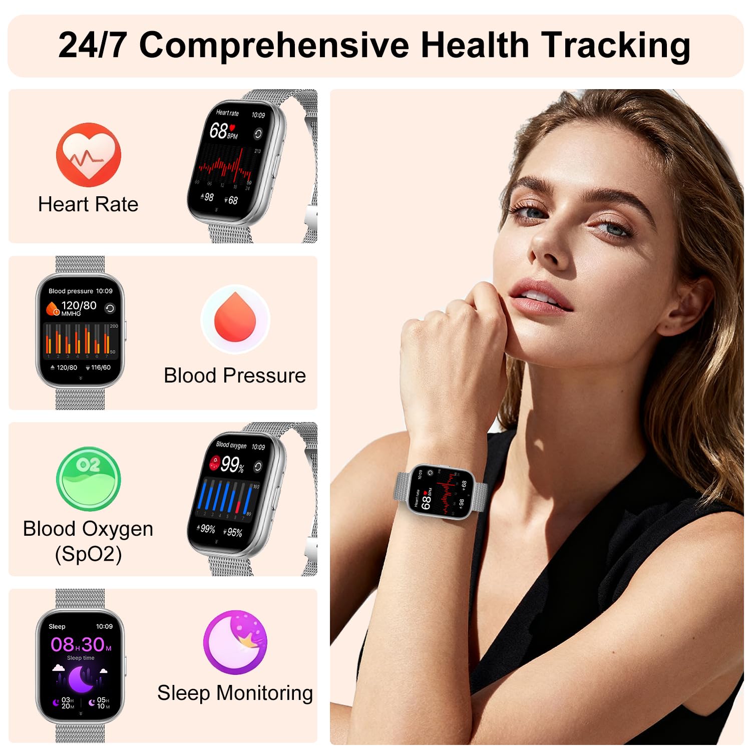Orologio intelligente da donna per rispondere e effettuare chiamate, fitness tracker HD da 4,45 cm con oltre 120 modalità sportive, monitoraggio del sonno, frequenza cardiaca SpO2