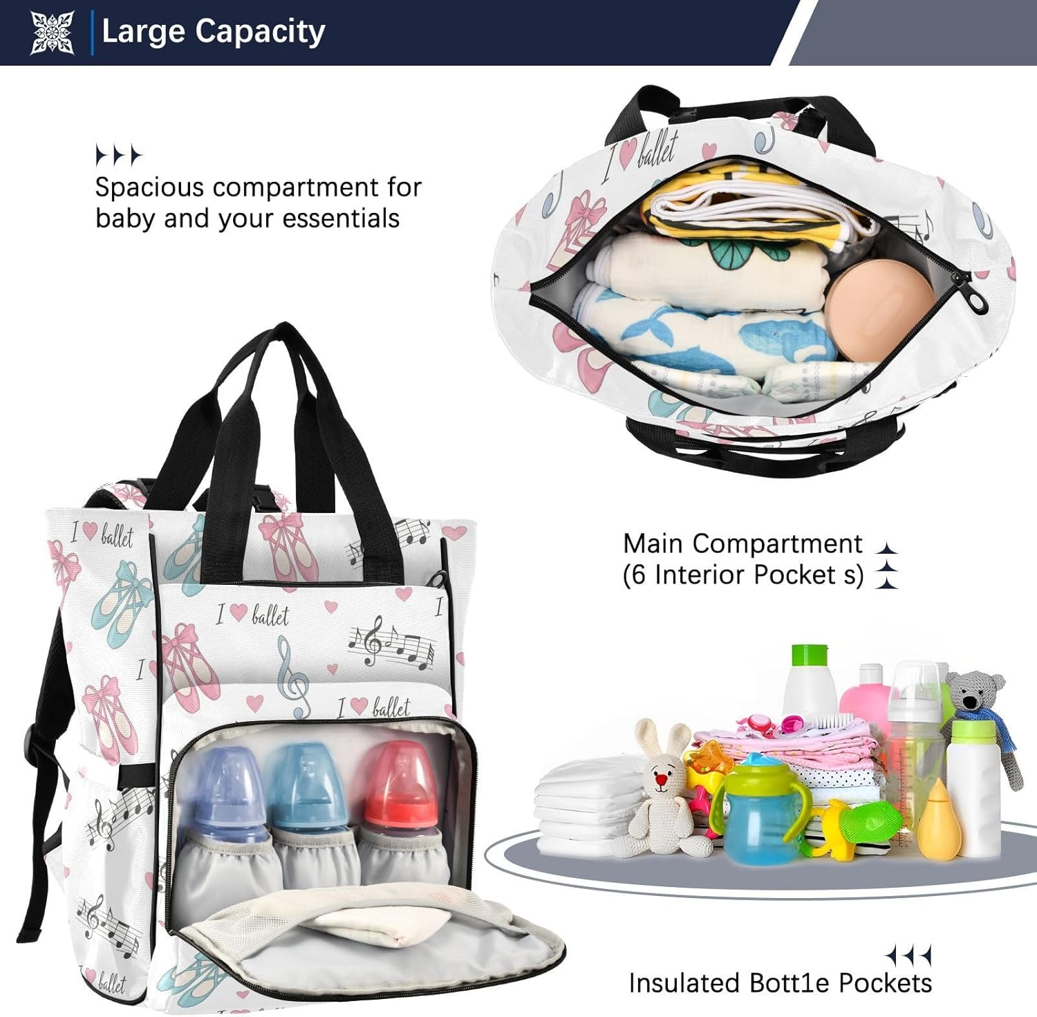 Ballet Music Hearts White Pattern Diaper Bag Backpack for Baby Boys Girls Multifunction Baby Essentials Travel Tote with Stroller Straps & Bottle Storage Maternity Baby Changing Bags for Traveling