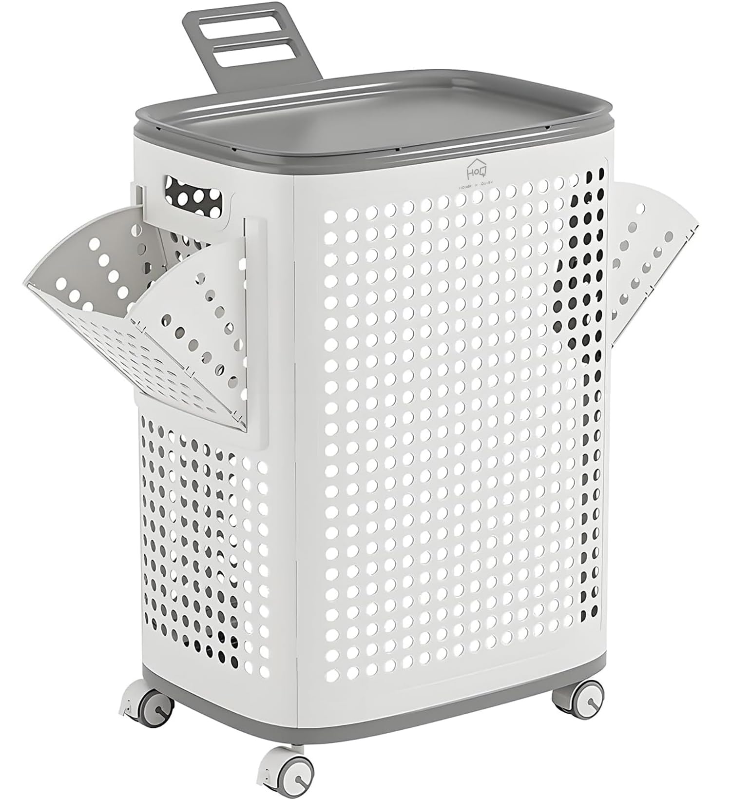 House of Quirk 70L Rolling Laundry Hamper with Lid | Large Perforated Plastic Basket with Wheels & Handle | Portable Clothes Storage Bin – White-image-2