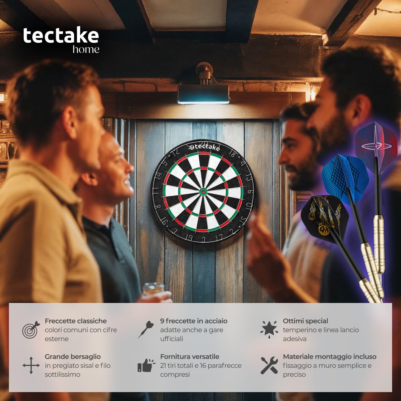 Tectake Bersaglio Freccette Professionali, 9 Frecce da Competizione, 21 Alette, Sisal Autorigenerante, Dart Board