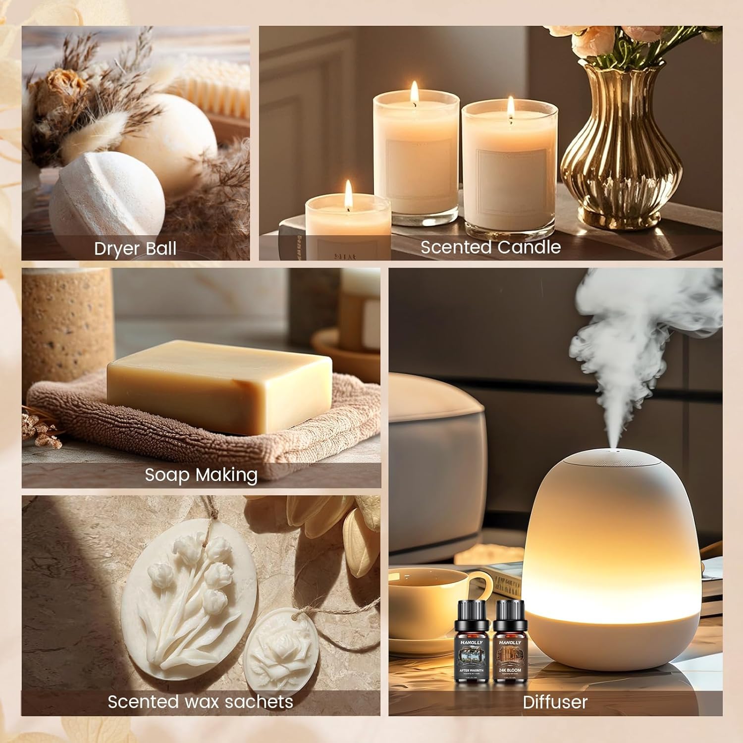 Hotel Diffuser Oils Gift Set - 6x10ML Luxury Hotel Scent Essential Oils Set for Diffuser, Candle Making - My Route, Serene Coast, Night Velvet, 24K Bloom, Dream State, After Warmth Fragrance Oil - Image 6