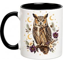 Owl Ceramic Coffee Mug, Black Handle, Moonlit Forest Animal Artwork, Gift for Animal Lovers