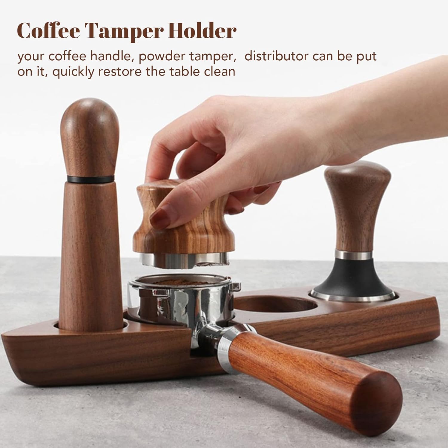 Wooden Coffee Tamper Holder with 1 Tamper 1 Distributor, Walnut Wood Coffee Distributor Stand Stainless Steel Cafe Accessories for Bar Restaurant (For 51/53mm Base 51mm Tamper 51mm Distributor)