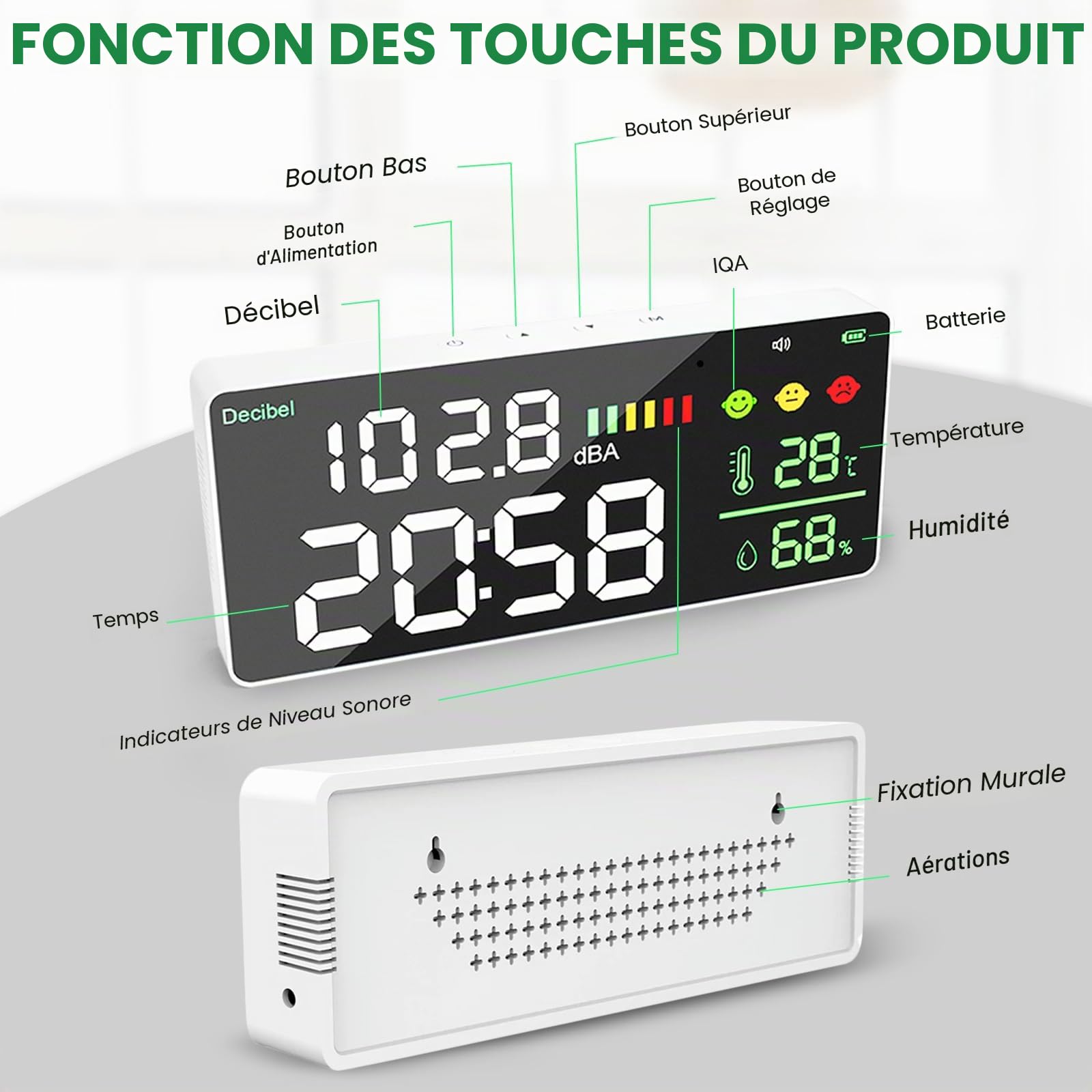 Sonomètre Décibel, écran LED, sonomètre réglage de la luminosité 30-130 dBA gamme 4 en 1, bruit, temps, température et humidité, adapté pour la maison, le bureau, etc