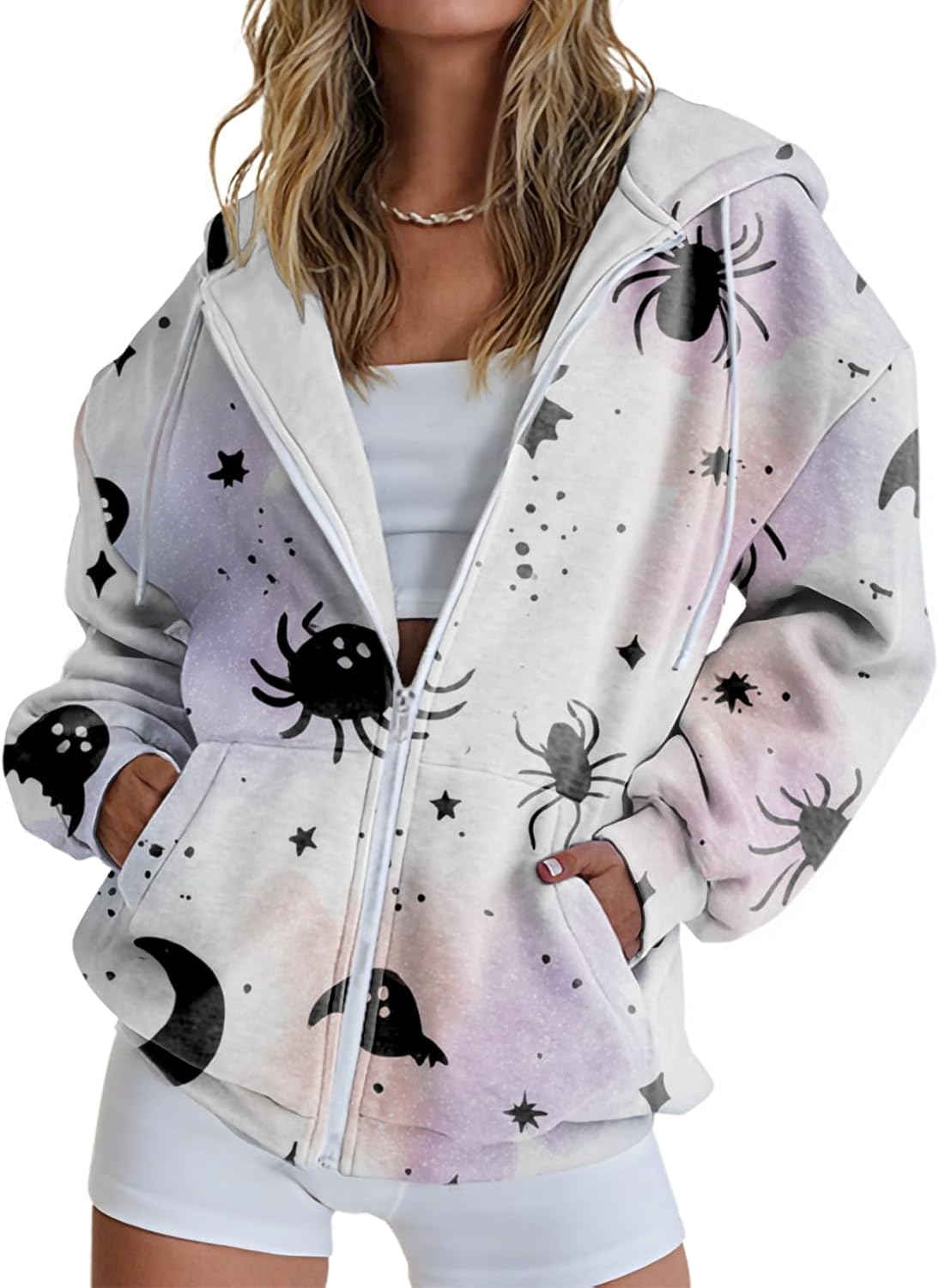Halloween Hoodie Lightweight Zip Hoodies For Women Fall Casual Vintage Sweatshirt Casual Wear Fashion Outfits