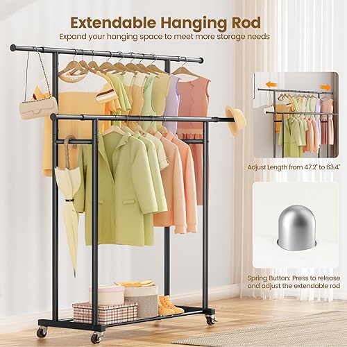 Miniatura 6 de Memobarco Perchero de ropa resistente de 400 libras con ruedas, perchero rodante para ropa, perchero de doble barra, perchero de metal comercial