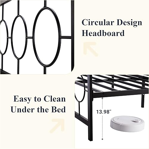 Miniatura 7 de Allewie Base de cama tamaño King con cabecero y estribo de diseño circular vintage, marco de cama de metal, no requiere somier, fácil montaje, sin
