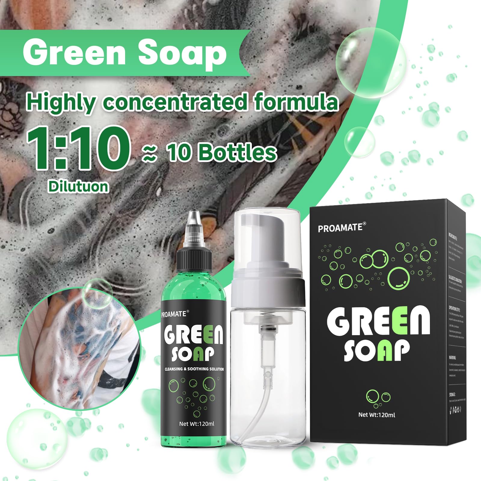 proamate Green Tattoo Soap 4OZ with Foaming Bottle 120ml, Tattoo Supplies for Tattoos Piercings Clean Skin Equipment - Image 2